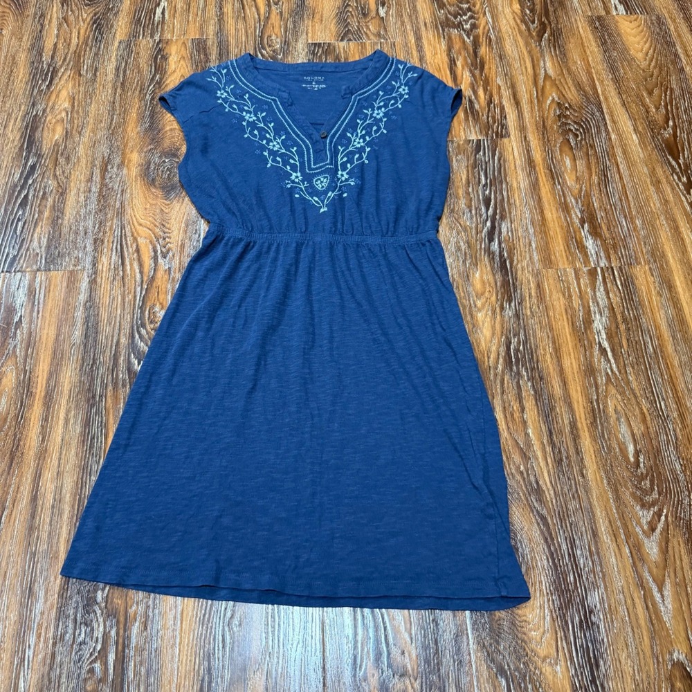 XL Dress Womens Blue Sonoma  Embroidered Split Neck Cap Sleeve Cotton Modal Boho